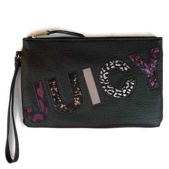 JUICY COUTURE Wristlet Clutch Bag Sequin Animal Print Logo Black - Picture 1 of 5